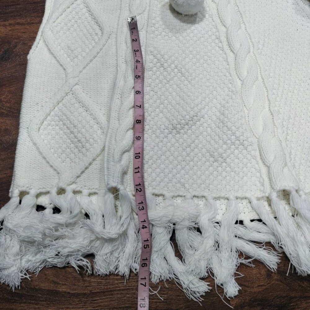 Tommy Hilfiger Cable Knit Poncho Sweater Faux Fur Trim Hooded Fringe Hem Onesize - Picture 16 of 16